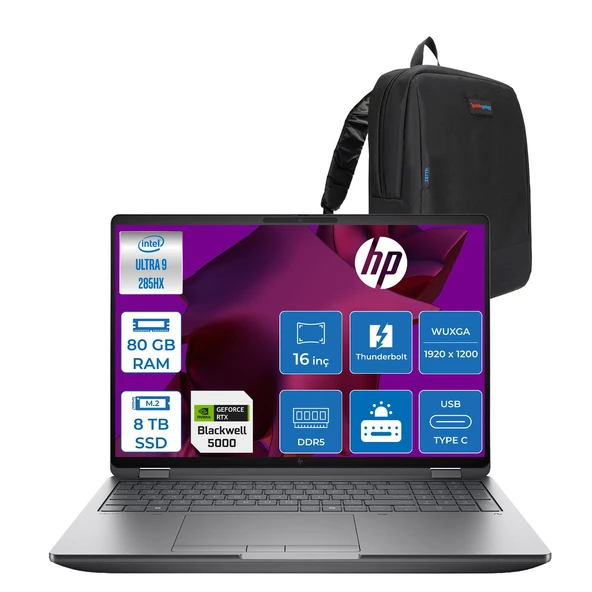 Hp Zbook Fury G1I Intel Ultra 9 285HX Ddr5 80GB 8tb SSD 24GB/RTXPRO5000 Wuxga 400NITWi-Fi 7+Bt 5.4 Windows 11 Pro Aı Iş Istasyonu 5F9T8ESF55 + Zettaçanta ürün görseli 1