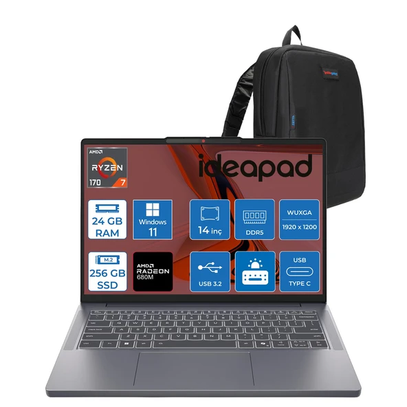 Lenovo Ideapad Slim 3 14ARP10 Amd Ryzen 7 170 24GB Ddr5 256GB SSD Radeon™ 680M Graphics 14" Wuxga (1920X1200) IPS 300NITS WIN11HOME Taşınabilir Bilgisayar 83K6006JTRH06+ZETTAÇANTA ürün görseli 1