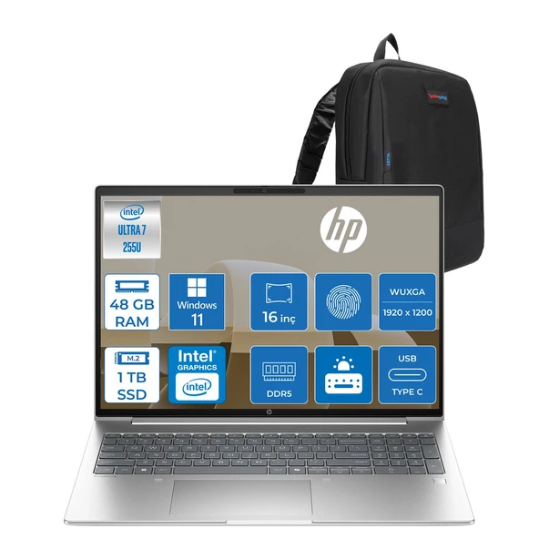 Hp Probook 4 G1I Intel Ultra7 255U 48GB Ddr5 1tb SSD 16INCH Intel® Grafik Gpu Wuxga (1920X1200) IPS 300NIT WIN11HOME Taşınabilir Bilgisayar D21P2ETH18+ZETTAÇANTA ürün görseli 1