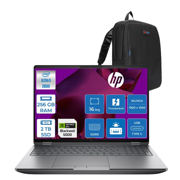 Hp Zbook Fury G1I Intel Ultra 9 285HX Ddr5 256GB 2tb SSD 24GB/RTXPRO5000 Wuxga 400NITWi-Fi 7+Bt 5.4 Freedos Aı Iş Istasyonu 5F9T8ESF65 + Zettaçanta ürün görseli 1