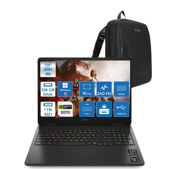Hp Omen Slim Intel® Core Ultra 9 285H Aı Ddr5 128GB 1tb SSD 8GB/RTX5070 16" Wqxga (2560 x 1600) 240 Hz, 3 Ms 500 Nits IPS WIN11PRO Gaming Laptop CD7J9EAP51+ZETTAÇANTA ürün görseli 1