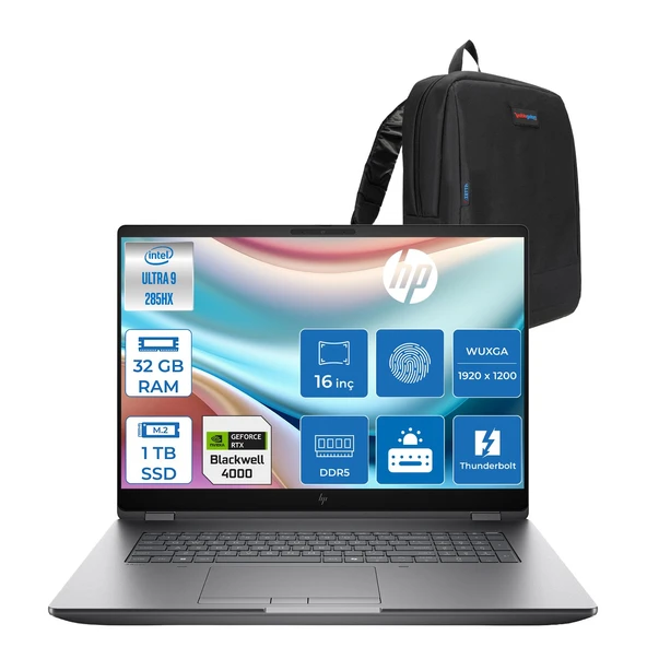 Hp Zbook Fury G1I Intel Ultra 9 285HX Ddr5 32GB 512GB+512GB SSD 16GB/RTXPRO4000 Blackwell Wuxga (1920 x 1200) IPS 400NIT Wi-Fi7+Bt 5.4 Windows 11 Pro Aı Iş Istasyonu 5F9Q9ESP35 + Zettaçanta ürün görseli 1