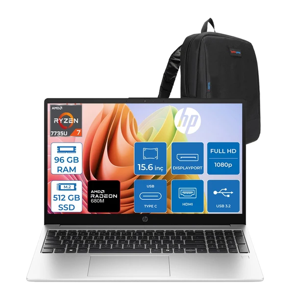 Hp 255R G10 Amd Ryzen™ 7 7735U 96GB Ddr5 512GB SSD 15.6" Inch Intel® Grafik Gpu Fhd (1920 x 1080), Ips, 300NIT Freedos Taşınabilir Bilgisayar D30M1ETF32+ZETTAÇANTA ürün görseli 1