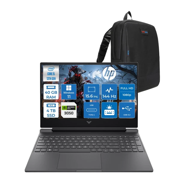 Hp Victus 15-FA2704NT Intel Core I5 13420H 40GB 4tb SSD RTX3050 6gb Windows 11 Home 15,6" Fullhd (1920 x 1080) 144 Hz IPS 300NIT Taşınabilir Bilgisayar B7TG9EAH25 + Zetta Çanta ürün görseli 1