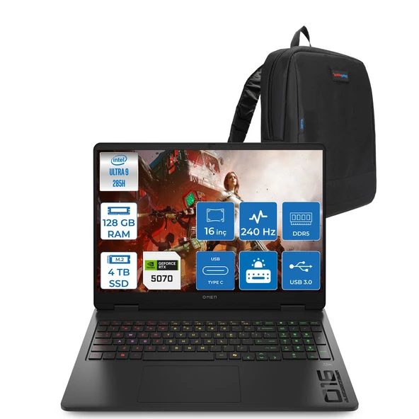 Hp Omen Slim Intel® Core Ultra 9 285H Aı Ddr5 128GB 4tb SSD 8GB/RTX5070 16" Wqxga (2560 x 1600) 240 Hz, 3 Ms 500 Nits IPS Freedos Gaming Laptop CD7J9EAF55+ZETTAÇANTA ürün görseli 1
