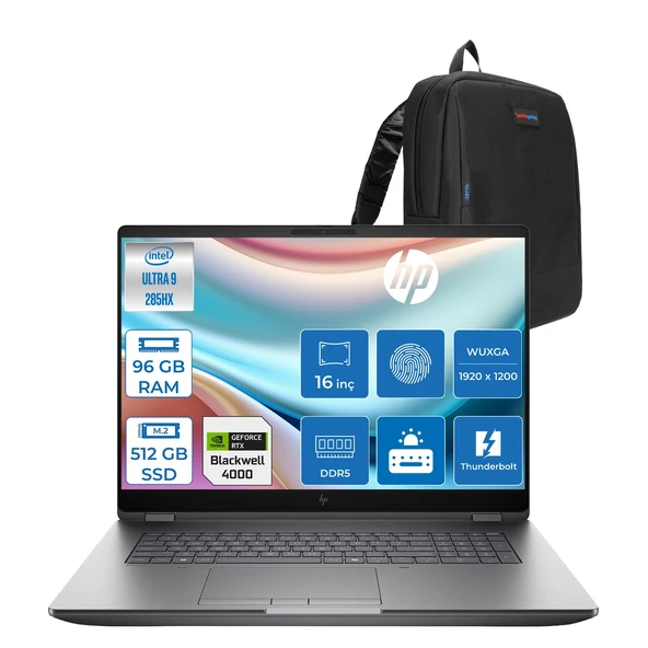 Hp Zbook Fury G1I Intel Ultra 9 285HX Ddr5 96GB 512GB SSD 16GB/RTXPRO4000 Blackwell Wuxga (1920 x 1200) IPS 400NIT Wi-Fi7+Bt 5.4 Windows 11 Pro Aı Iş Istasyonu 5F9Q9ESP29 + Zettaçanta ürün görseli 1