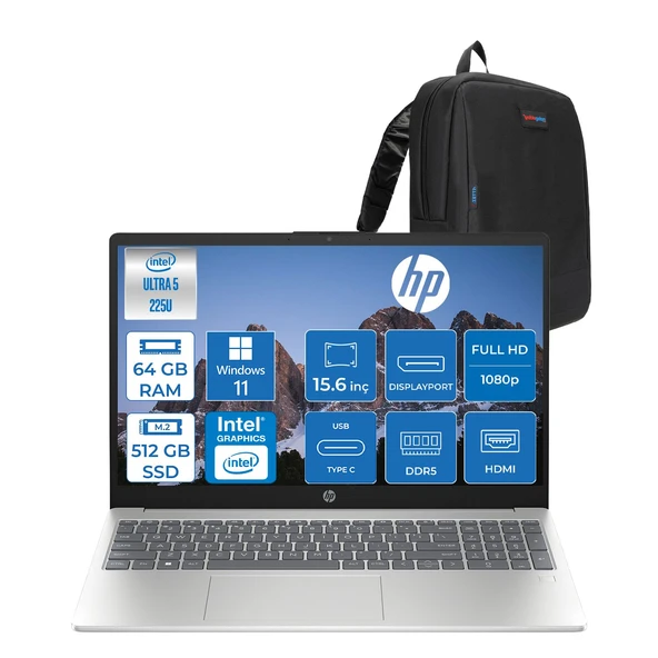 Hp Laptop Aı 15-FD2026NT Intel Ultra5 225U 64GB Ddr5 512GB SSD 15.6" Inch Intel® Grafik Gpu Fhd (1920X1080) WIN11HOME Taşınabilir Bilgisayar D51E0EAH22+ZETTAÇANTA ürün görseli 1