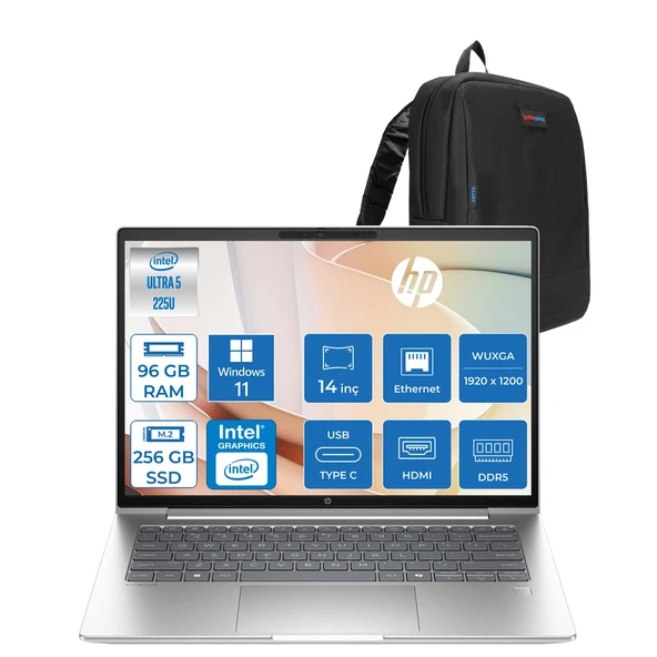 Hp Probook 4 G1I Intel Ultra5 225U 96GB Ddr5 256GB SSD 14 Inch Intel® Grafik Gpu Wuxga (1920X1200) IPS 300NIT WIN11HOME Taşınabilir Bilgisayar D21PFETH31+ZETTAÇANTA ürün görseli 1