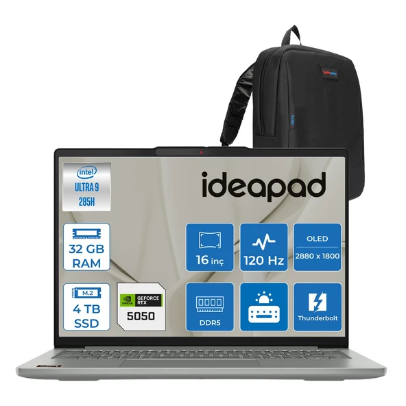 Lenovo Ideapad Pro 5 16IAH10 Intel Core Ultra 9 285H Aı 32GB Ddr5 4tb SSD RTX5050/8GB 16" 2.8k (2880X1800) OLED 1100NITS 120Hz 100% Dcı-P3 Freedos Taşınabilir Bilgisayar 83JM004WTRF15+ZETTAÇANTA ürün görseli 1