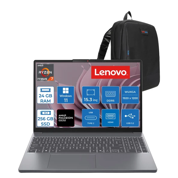 Lenovo Ideapad Slim 3 15ARP10 Amd Ryzen™ 7 7735HS 24GB Ddr5 256GB SSD Radeon™ 680M Graphics 15.3" Wuxga (1920X1200) IPS 300NITS WIN11HOME Taşınabilir Bilgisayar 83K70098TRH06+ZETTAÇANTA ürün görseli 1