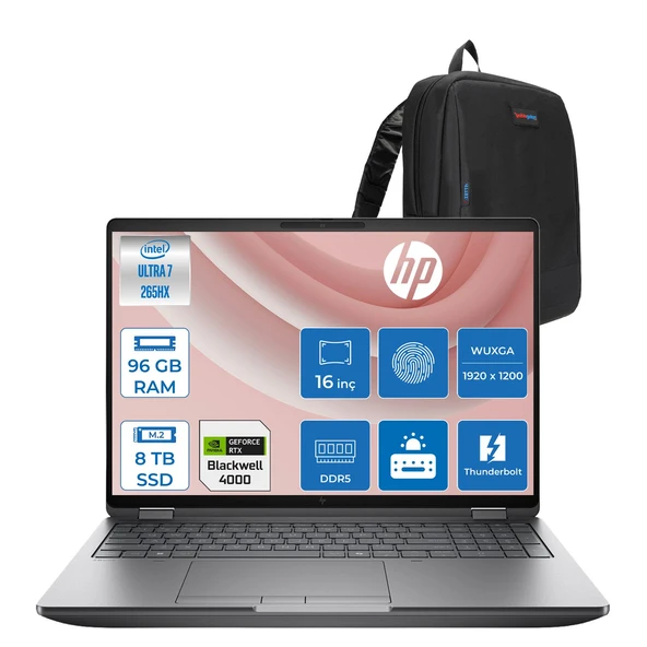 Hp Zbook Fury 16 G1I Intel Ultra 7 265HX Ddr5 96GB 8tb SSD 16GB/RTXPRO4000 Blackwell 16" Wuxga IPS 400NIT Wi-Fi7+Bt 5.4 Windows 11 Pro Aı Iş Istasyonu C65H8ESF56 + Zettaçanta ürün görseli 1
