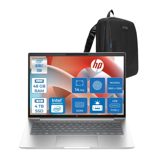 Hp Probook 4 G1I Intel Ultra7 255U 48GB Ddr5 4tb SSD 14 Inch Intel® Grafik Gpu Wuxga (1920X1200) IPS 300NIT Freedos Taşınabilir Bilgisayar D21PDETF20+ZETTAÇANTA ürün görseli 1