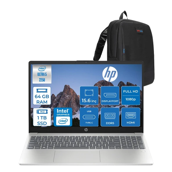 Hp Laptop Aı 15-FD2026NT Intel Ultra5 225U 64GB Ddr5 1tb SSD 15.6" Inch Intel® Grafik Gpu Fhd (1920X1080) Freedos Taşınabilir Bilgisayar D51E0EAF23+ZETTAÇANTA ürün görseli 1