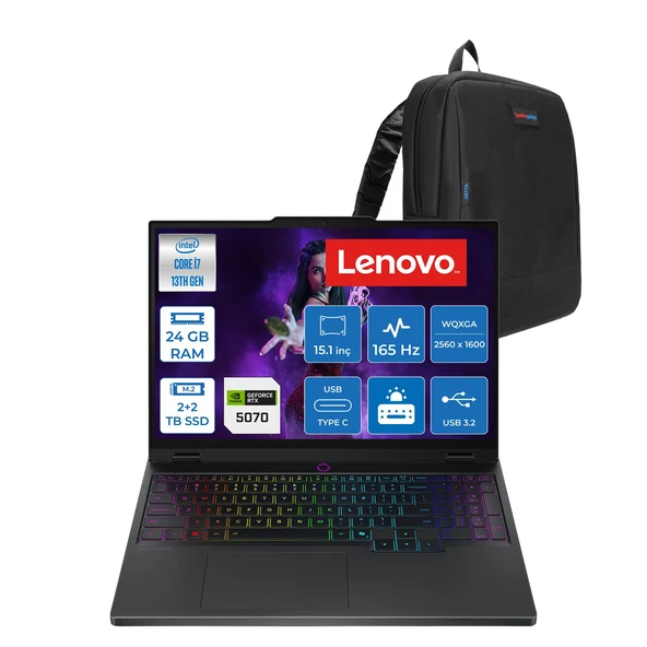 Lenovo Legion 5 15IRX10 Intel Core I7-13650HX Ddr5 24GB 2tb Ssd+2tb SSD 8GB/RTX5070 115W 15.1" Wqxga (2560X1600) OLED 1000NITS 100% Dcı-P3, 165Hz, Freedos Gaming Laptop 83LY00CHTRF06+ZETTAÇANTA ürün görseli 1