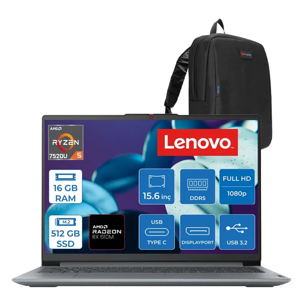 Lenovo Ideapad Slim 3 Amd Ryzen 5 7520U 16GB Lpddr5 512GB SSD Radeon 610M Graphics 15.6" Fhd Tn 250NITS Freedos Taşınabilir Bilgisayar 82XQ00SFTXF09 + Zettaçanta ürün görseli 1