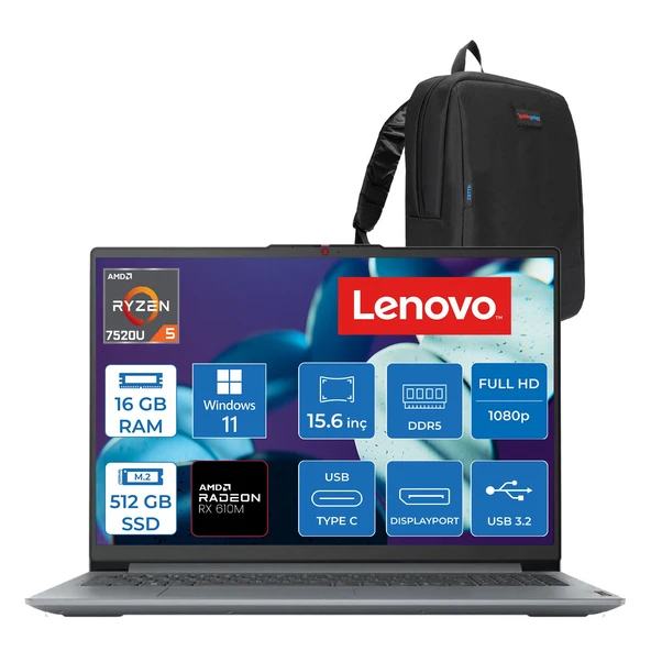 Lenovo Ideapad Slim 3 Amd Ryzen 5 7520U 16GB Lpddr5 512GB SSD Radeon 610M Graphics 15.6" Fhd Tn 250NITS Windows 11 Pro Taşınabilir Bilgisayar 82XQ00SFTXP09 + Zettaçanta ürün görseli 1