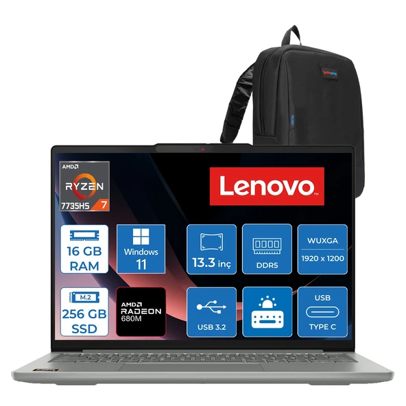 Lenovo Ideapad Slim 5 13ARP10 Amd Ryzen™ 7 7735HS 16GB Ddr5 256GB SSD Amd Radeon™ 680M 13.3" Wuxga (1920X1200) IPS 400NITS 100% Srgb WIN11PRO Taşınabilir BILGISAYAR83J2004STRP11+ZETTAÇANTA ürün görseli 1