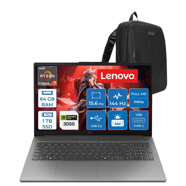 Lenovo Loq Essential 15ARP10 Amd Ryzen 7 7735HS 64GB 512GB+512GB SSD 6GB/RTX3050/65W 15.6" Fhd IPS 300NITS, 100% Srgb 144Hz Freedos Gaming Bilgisayar 83S00033TRF38 + Zettaçanta ürün görseli 1