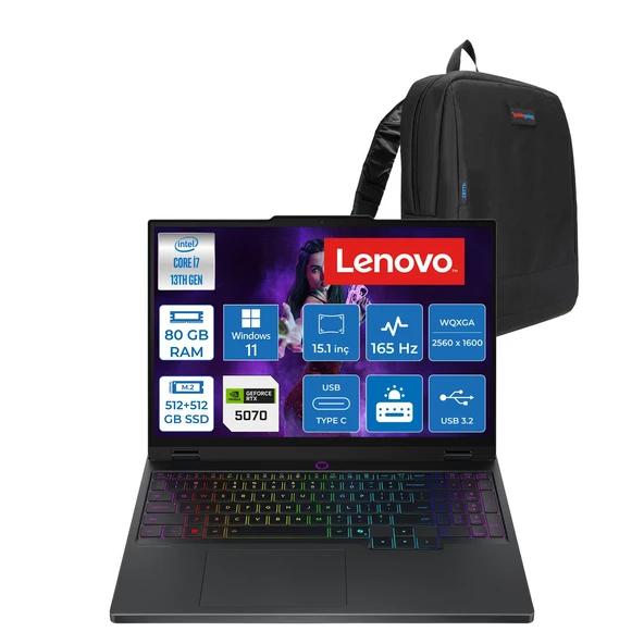 Lenovo Legion 5 15IRX10 Intel Core I7-13650HX Ddr5 80GB 512GB+512GB SSD 8GB/RTX5070 115W 15.1" Wqxga (2560X1600) OLED 1000NITS 100% Dcı-P3, 165Hz, WINDOWS11PRO Gaming Laptop 83LY00CHTRP34+ZETTAÇANTA ürün görseli 1