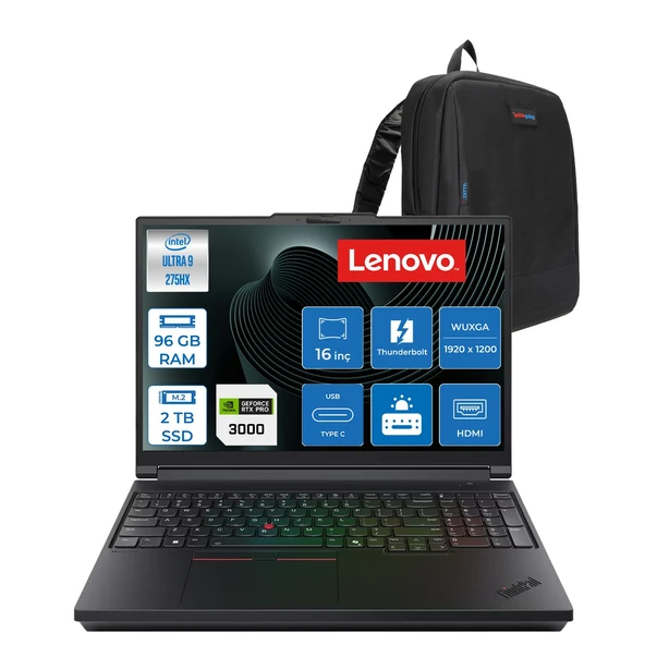 Lenovo Thinkpad P16 Gen3 Intel Core Ultra 9 275HX 96GB 2tb SSD 12GB/RTXPRO3000 Blackwell 16" Wuxga (1920X1200) IPS 500NITS Freedos Aı Machine Learning Iş Istasyonu 21RQ000JTXF31 + Zettaçanta ürün görseli 1
