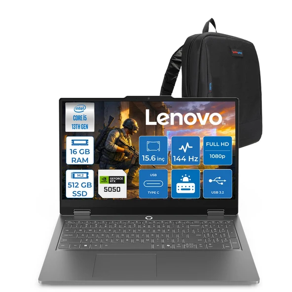 Lenovo Loq Essential 15IRX11 Intel Core I5 13450HX 16GB 512GB SSD 8GB/RTX5050/65W 15.6" Fhd (1920X1080) IPS 300NITS 144Hz Windows 11 Home Gaming Bilgisayar 83SC000QTRH01 + Zettaçanta ürün görseli 1