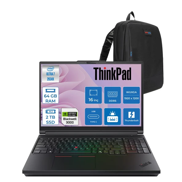 Lenovo Thinkpad P16 G3 Intel Ultra 7 265HX Ddr5 64GB 2tb SSD 12GB/RTXPRO3000 Blackwell 16" Wuxga IPS 500NITS Wi-Fi7 +Bt 5.4 Windows 11 Pro Aı Iş Istasyonu 21RQ000CTXP23 + Zettaçanta ürün görseli 1