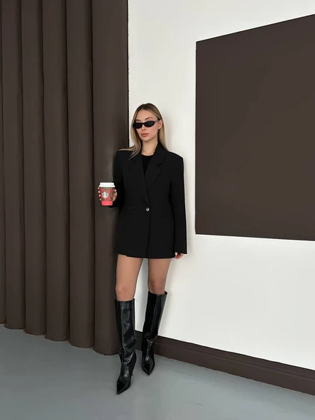 CEMO Kadın Oversize Blazer Ceket Elbise Siyah - Resim 5