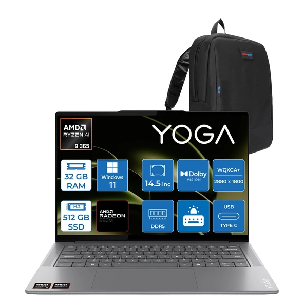 Lenovo Yoga Pro 7 14ASP9 Amd Ryzen Aı 9 365 32GB Ddr5 512GB SSD Amd Radeon™ 880M 120Hz 14.5" 2.8k Wqxga+ (2880X1800) OLED 400NITS WIN11PRO Taşınabilir BILGISAYAR83HN0006TRP12+ZETTAÇANTA ürün görseli 1