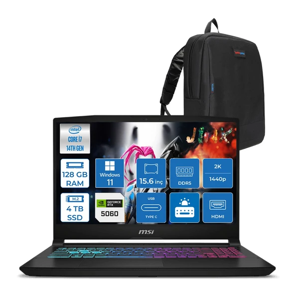 Msı Katana 15 Hx B14WFK-449XTR 14. Nesil Intel İ7-14650HX 128GB Ddr5 4tb SSD 8GB/RTX5060 115W 15.6" Qhd 2560X1440 165Hz IPS Windows 11 Pro Taşınabilir Bilgisayar. W449XTRP30128G + Zettaçanta ürün görseli 1