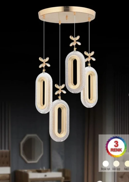 4 LÜ DEFNE ROSE GOLD 3 RENK MODLU KRİSTAL TAŞLI LEDLİ SARKIT AVİZE ürün görseli 1