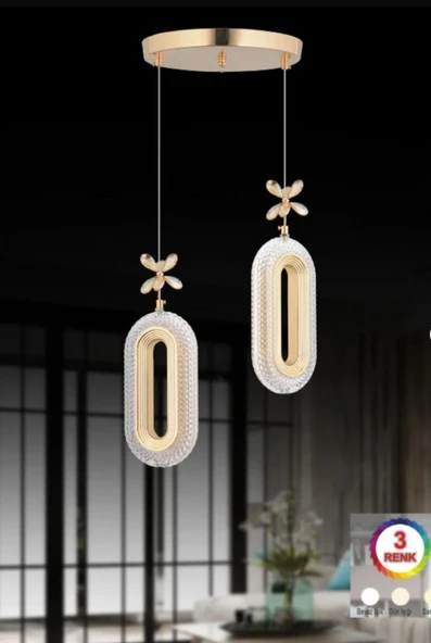 2 Lİ DEFNE ROSE GOLD 3 RENK MODLU KRİSTAL TAŞLI LEDLİ SARKIT AVİZE ürün görseli 1