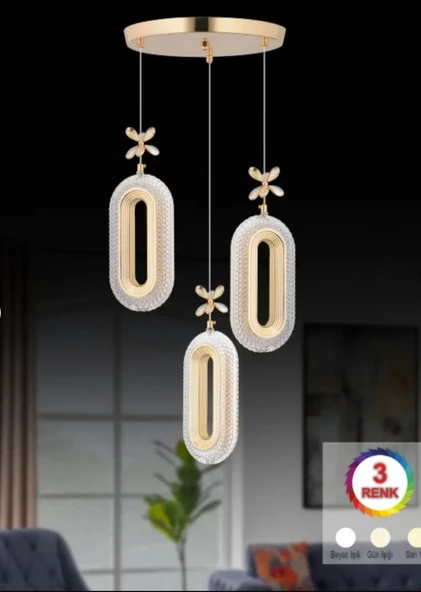 3 LÜ DEFNE ROSE GOLD 3 RENK MODLU KRİSTAL TAŞLI LEDLİ SARKIT AVİZE ürün görseli 1