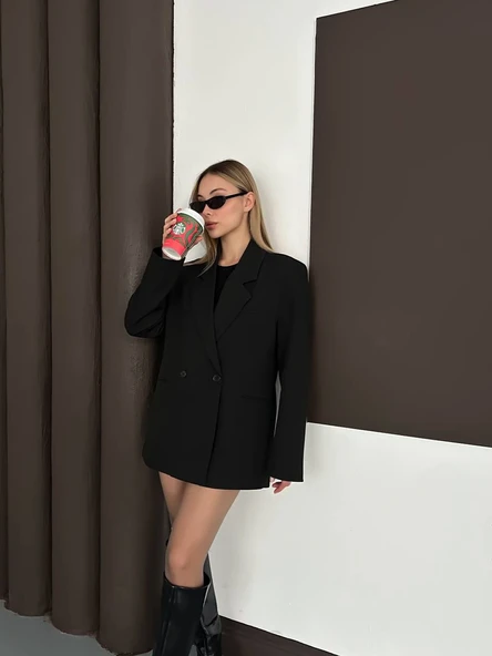 CEMO Kadın Oversize Blazer Ceket Elbise Siyah - Resim 6