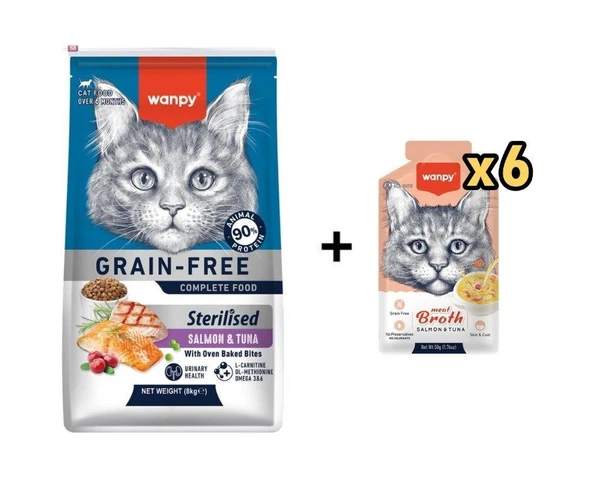 Wanpy Tahılsız Somon Tuna Kısırlaştırılmış Kedi Maması 8 kg + 6 AdetWanpy Somonlu ve Ton Balıklı Kedi Çorbası 50 Gr ürün görseli 1