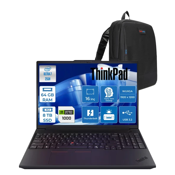 Lenovo Thinkpad P16V Gen3 Intel Core Ultra 7 255H 64GB 8tb SSD 8GB/RTXPRO1000 Blackwell 16" Wuxga IPS 400NITS Windows 11 Home Taşınabilir Iş Istasyonu 21RS0006TXF54 + Zettaçanta ürün görseli 1
