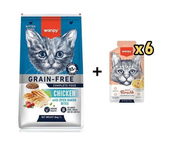 Wanpy Tahılsız Tavuklu Yavru Kedi Maması 8 kg + 6 Adet Wanpy Somonlu ve Ton Balıklı Kedi Çorbası 50 Gr ürün görseli 1