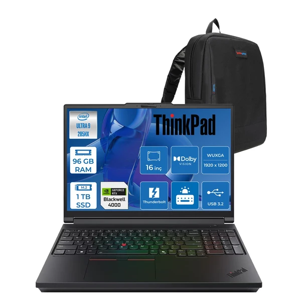 Lenovo Thinkpad P16 Gen3 Intel Ultra 9 285HX Ddr5 96GB 1tb SSD 16GB/RTXPRO4000 Blackwell 16" Wuxga (1920X1200) IPS 500NITS 100% Srgb 60Hz Windows 11 Pro Aı Iş Istasyonu 21RRS0LC00P30 + Zettaçanta ürün görseli 1