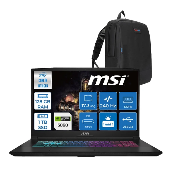 Msı Katana 17 Hx B14WFK-217TR 14. Nesil Intel İ9-14900HX 128GB Ddr5 1tb SSD 8GB/RTX5060 115W 17.3" Qhd (2560*1440), 240Hz IPS Freedos Taşınabilir Bilgisayar. W217TRF28128G + Zettaçanta ürün görseli 1