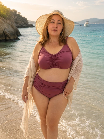 Büyük Beden Kaplı  Büzgü Detaylı Sabit Pedli Siyah Bikini Takım ürün görseli 1