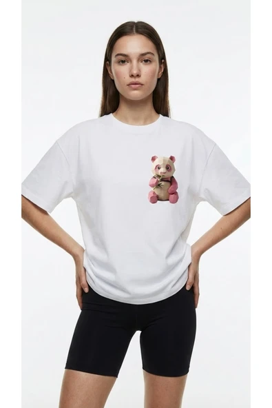Kadın Oversize Düz Renk Panda Dijital Baskılı Bisiklet Yaka Basic Tişört ürün görseli 1