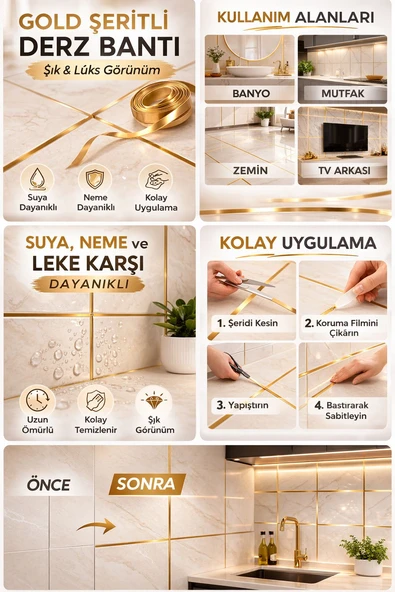 1 cm 50 Metre Gold Fayans Arası Şerit Bant ürün görseli 1