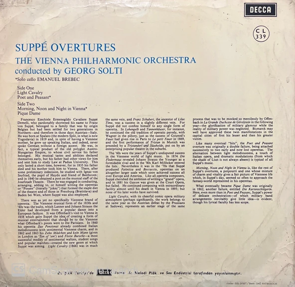 Suppe Overtures Vienna Philharmonic Solti LP Plak - Resim 2