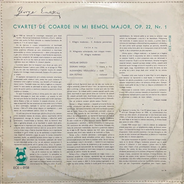 George Enescu Cvartet De Coarde LP Plak - Resim 2