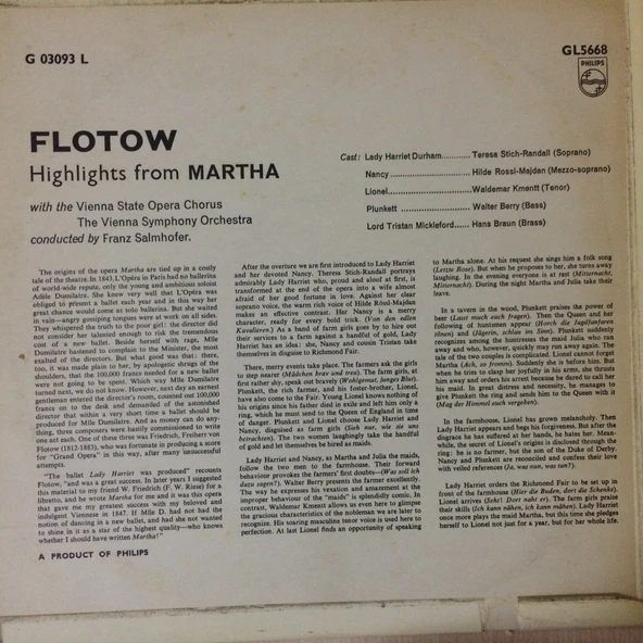 Flotow Highlights From Martha LP Plak - Resim 2