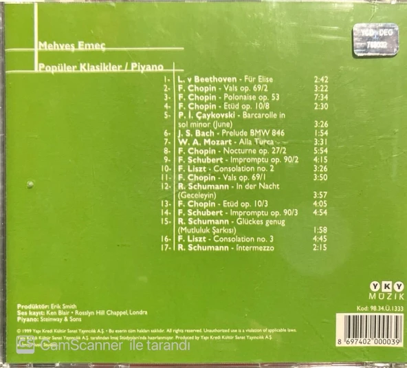 Mehveş Emeç Popüler Klasikler / Piyano Classic CD - Resim 2