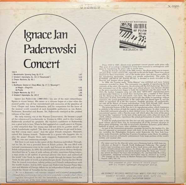 Ignace Jan Paderewski Concert LP Plak - Resim 2