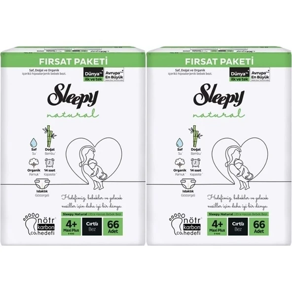 Sleepy Bebek Bezi Naturel 4+ Beden 9-16 KG Maxi Plus 132 Adet Ekonomik Fırsat Pk ürün görseli 1