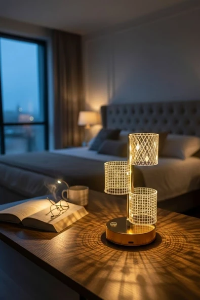 3 Parça Silindirik Kristal Ekose Kareli LED Masa Lambası – Gold Gövdeli, Dokunmatik, 3 Kadem ürün görseli 1