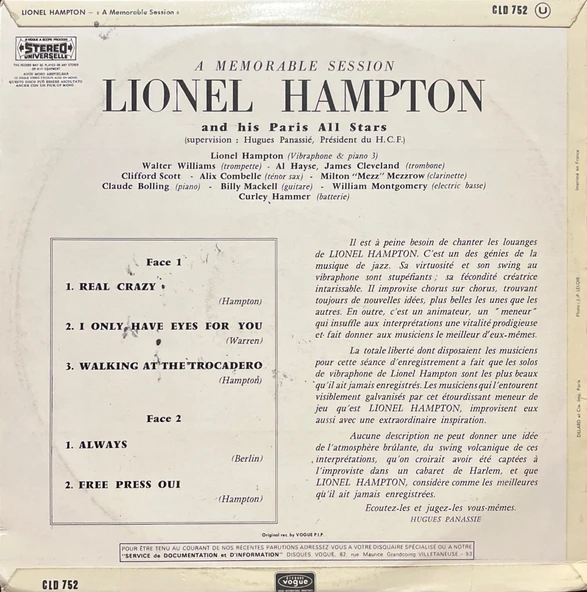 Lionel Hampton A Memorable Session LP Plak - Resim 2