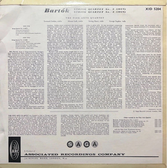 Bela Bartok, The Fine Arts Quartet – String Quartets Nos. 3 And 4 Classic LP Plak - Resim 2